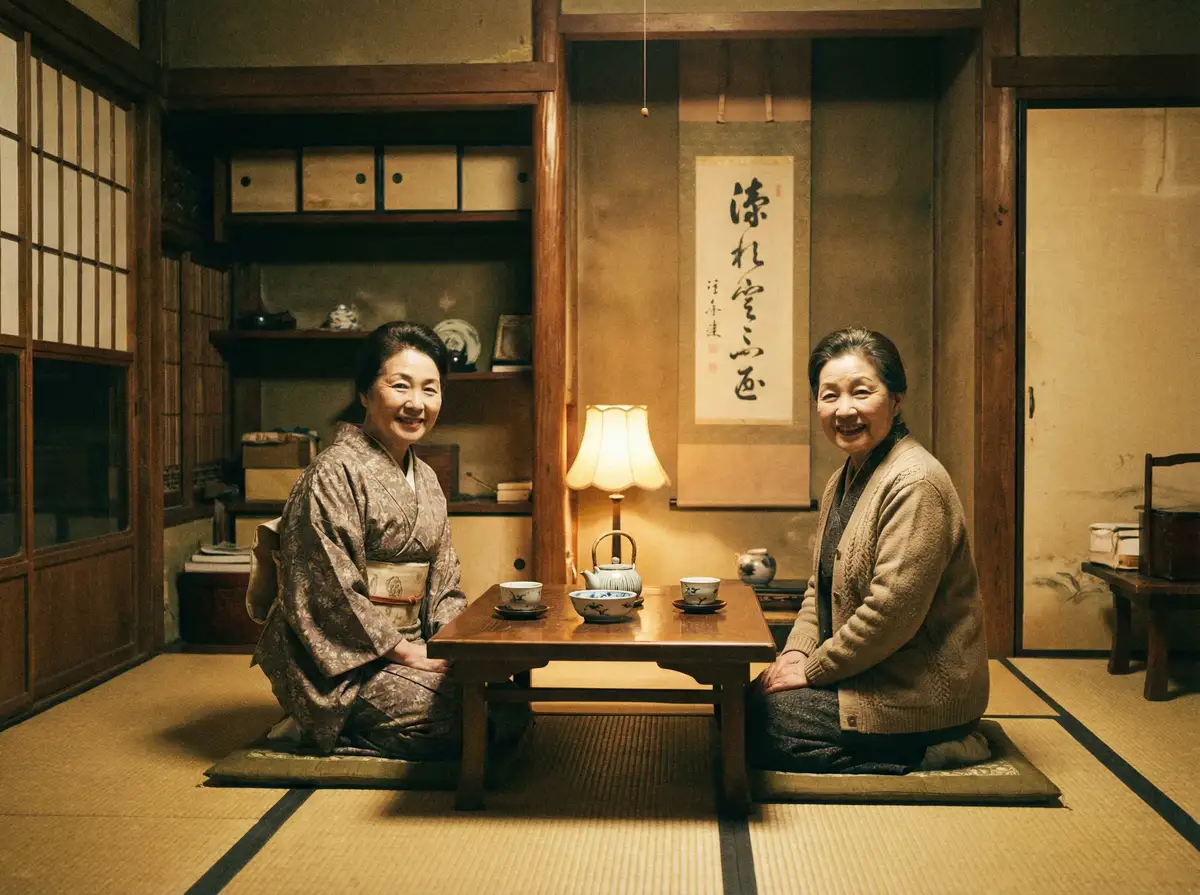 两位优雅的 潜规则 在日式茶室中品茶交谈